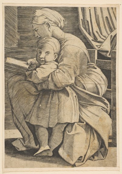 La Virgen leyendo con el niño Jesús, mujer sentada de perfil mirando a la izquierda, ca. 1515-1600 de Unbekannt