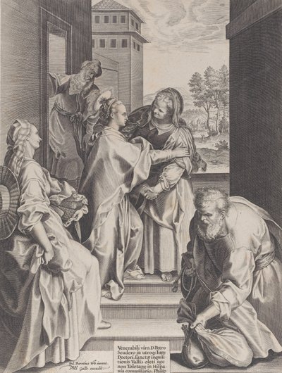 La Visitación, la Virgen y Santa Isabel abrazándose en el centro, flanqueadas por otros, 1589 de Unbekannt