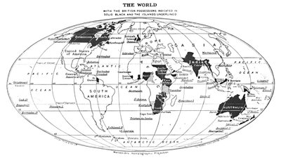 El mundo con las posesiones británicas indicadas en negro sólido y las islas subrayadas, 1924 de Unbekannt