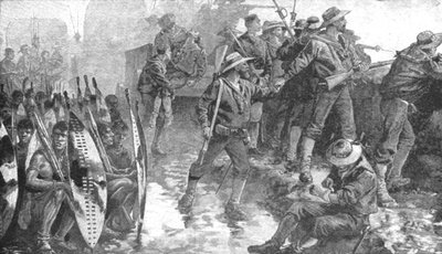 La guerra zulú: Hombres del H.M.S. Shah dentro del Laager en Ginghilovo de Unbekannt