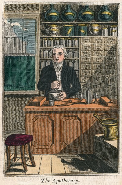 El boticario usando mortero y maja para preparar medicamentos, 1823 de Unbekannt