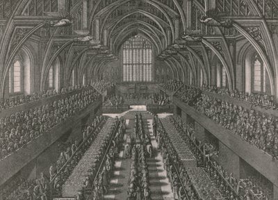 El banquete en el Gran Salón del Palacio de Westminster...coronación de Jacobo II en 1685, 1902 de Unbekannt