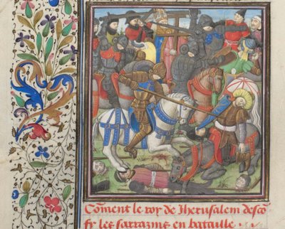 La batalla entre los cruzados y los sarracenos. Miniatura de la Historia de Guillermo de Tiro, 1460s de Unbekannt