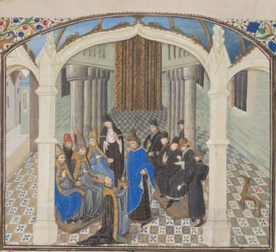La coronación de Balduino II en 1118. Miniatura de la Historia de Guillermo de Tiro, 1460s de Unbekannt