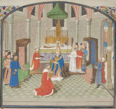 La coronación de Balduino I en Navidad de 1100. Miniatura de la Historia de Guillermo de Tiro, 1460s de Unbekannt