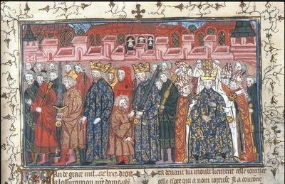 La coronación de Felipe II Augusto en presencia de Enrique II de Inglaterra. De las Crónicas de Francia o de San Denis, después de 1380 de Unbekannt