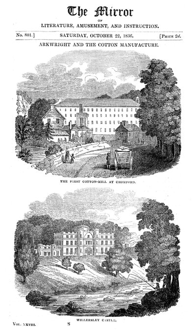 El primer molino de algodón en Cromford, Derbyshire, y la casa de Richard Arkwright, 1836 de Unbekannt