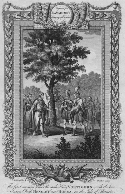 El primer encuentro del rey británico Vortigern con los dos jefes sajones Hengist y Horsa, c1787 de Unbekannt