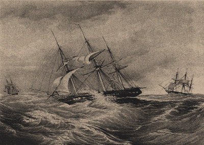 La fragata Kreiser y el balandro Ladoga en la costa de América de Unbekannt