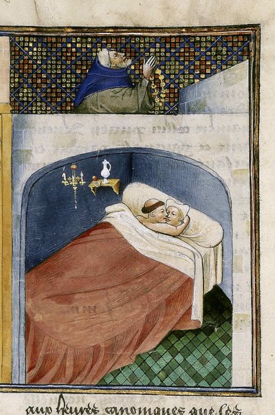 El monje duerme con la esposa mientras el esposo reza, 1460s de Unbekannt