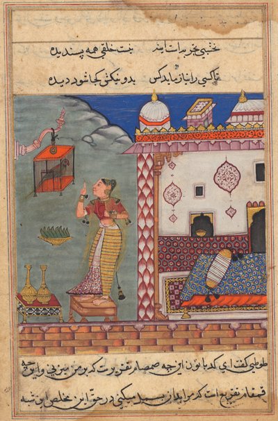 El loro se dirige a Khujasta al comienzo de la vigésima séptima noche, recto del folio 185 del Tuti-nama de Akbar (Cuentos de un loro) de Unbekannt Unbekannt