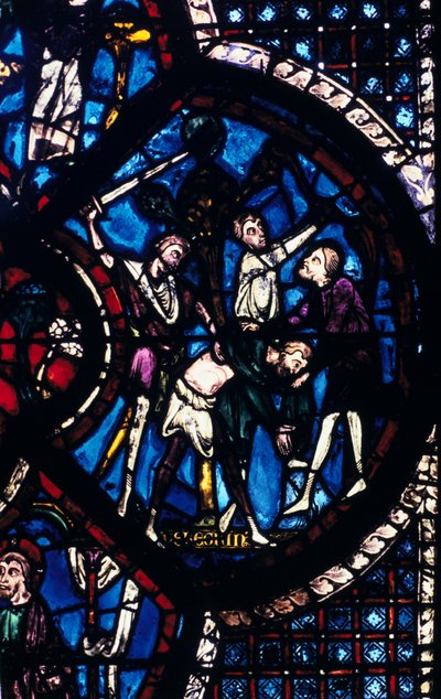 El peregrino atacado por ladrones, vidriera, Catedral de Chartres, Francia, 1205-1215 de Unbekannt