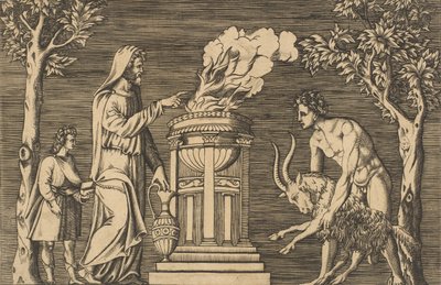 El sacrificio de un carnero sostenido por un hombre desnudo a la derecha, sacerdote encapuchado a la izquierda con un..., ca. 1515-1600 de Unbekannt