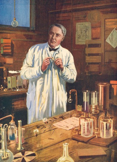 Thomas Edison, inventor estadounidense, en su laboratorio, Menlo Park, Nueva Jersey, EE.UU., 1870s 1920s de Unbekannt