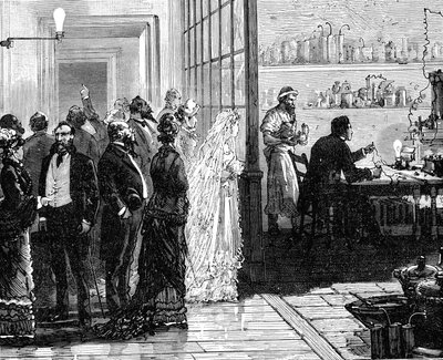 Thomas Edison experimentando con lámparas eléctricas el día de su boda, 1871, 1883 de Unbekannt