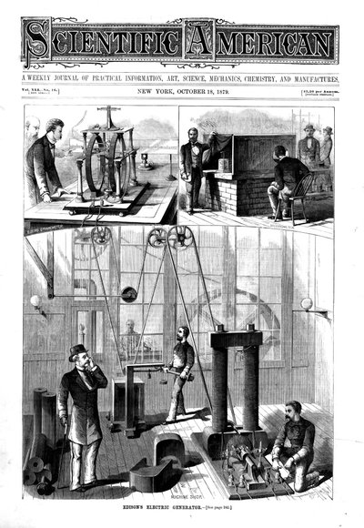 Generador de luz eléctrica de Thomas Edison en su casa en Menlo Park, Nueva Jersey, EE.UU., 1879 de Unbekannt