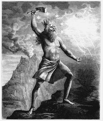 Thor, dios del trueno en el panteón escandinavo, empuñando su martillo, 1874 de Unbekannt