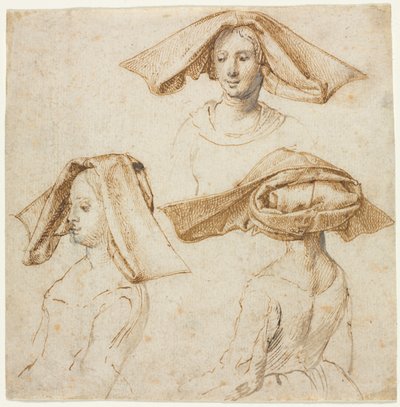 Tres estudios de una mujer con un elaborado tocado, c. 1500 de Unbekannt