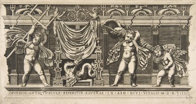 Tres cupidos frente a una fachada con pilastras, uno sosteniendo un tridente y otro..., ca. 1515-1600 de Unbekannt