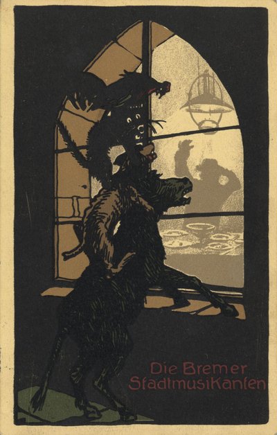 Diseño de título del libro Los músicos de Bremen de los Hermanos Grimm, 1910s de Unbekannt