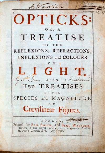 Página de título de Opticks por el científico y matemático inglés Isaac Newton, 1794 de Unbekannt