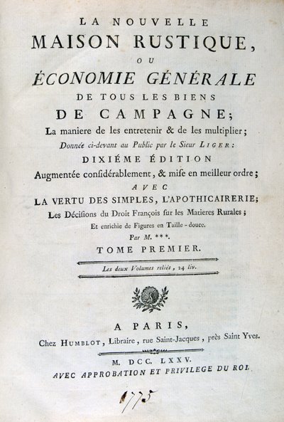Página de título de La Nouvelle Maison Rustique, ou Economie Générale, 1775 de Unbekannt