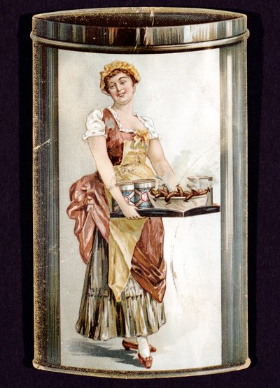 Tarjeta comercial de salchichas enlatadas producidas por Heinrich Bauer de Frankfurt am Main, Alemania, c. 1895 de Unbekannt