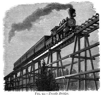 Tren cruzando un puente de madera en el Ferrocarril Union Pacific, Wyoming, EE.UU., c1870 de Unbekannt