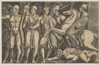 Trajano luchando contra los Dacios, Trajano a caballo a la derecha cabalgando hacia un grupo..., ca. 1515-1600 de Unbekannt