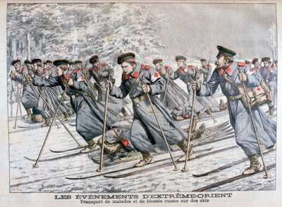 Transporte de tropas rusas enfermas y heridas en esquís, Guerra Ruso-Japonesa, 1904 de Unbekannt