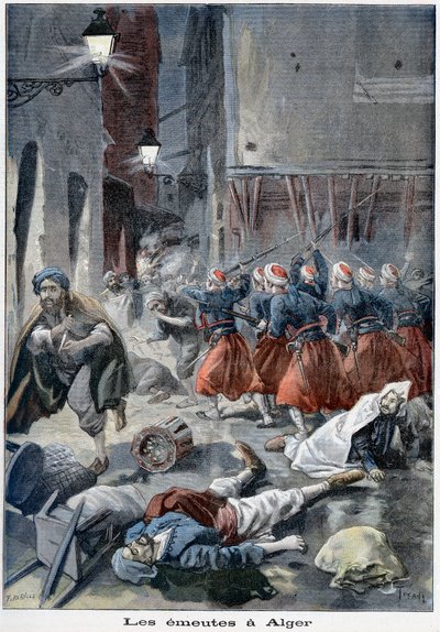 Tropas intentando despejar calles durante disturbios antijudíos, Argel, Argelia, 1898 de Unbekannt
