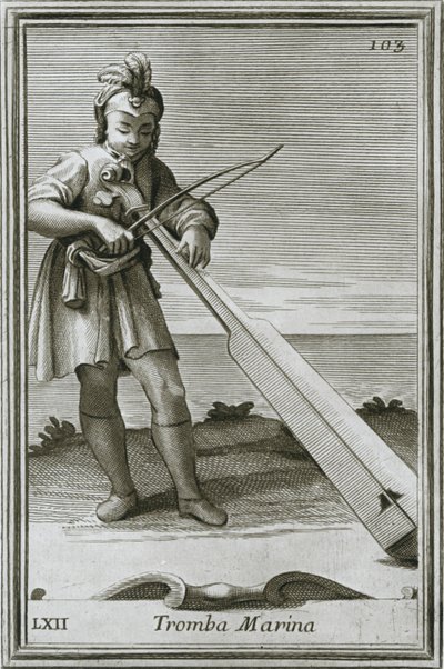 Trumscheit tromba marina, grabado del libro Cabinetto armonico de F. Bonanni, Roma, 1722, 1948 de Unbekannt