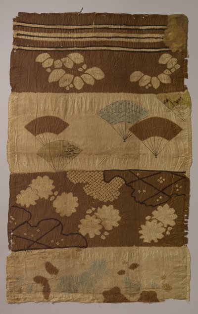 Textil Tsujigahana con rayas horizontales, plantas florecientes, abanicos, copos de nieve, ca. finales del siglo XVI de Unbekannt