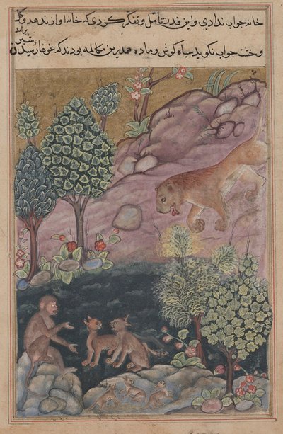 Tuti-Nama Cuentos de un Loro: Cuento XXIX, El León Regresa a Su Territorio y Ve, c. 1560 de Unbekannt