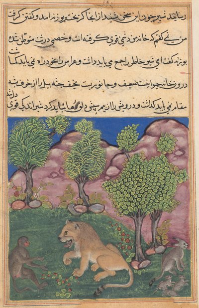 Tuti-Nama Cuentos de un Loro: Cuento XXVIII: El Mono Aconseja al León Suspicioso..., c. 1560 de Unbekannt