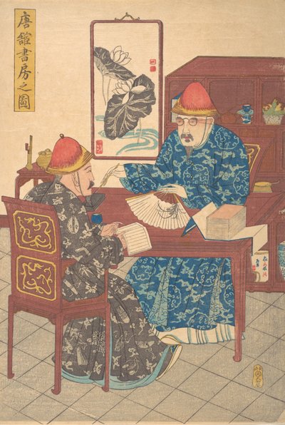 Dos eruditos chinos practicando caligrafía en su estudio, ca. 1840 de Unbekannt