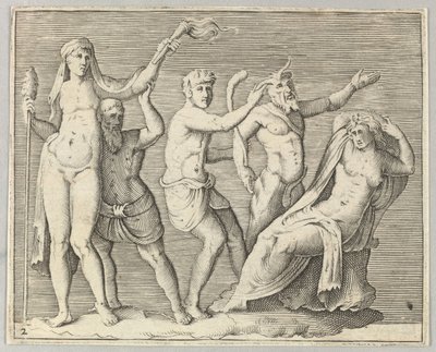 Dos figuras, un fauno y un sátiro se acercan a una mujer reclinada, publicado ca. 1599-1622 de Unbekannt