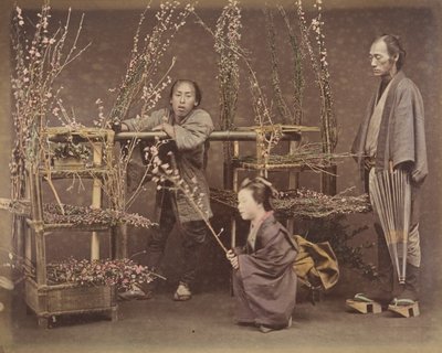 [Dos hombres japoneses y una mujer japonesa posando con ramas florecientes], 1870s de Unbekannt