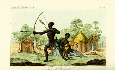 Dos hombres de Luanda de Cancobella, Angola, con arcos y flechas, frente a viviendas, chozas, altares sagrados, etc. de Unbekannt