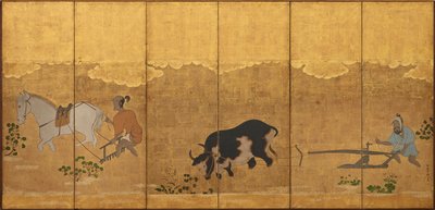 Dos agricultores arando y rastrillando un campo de arroz, período Edo, 1615-1868 de Unbekannt