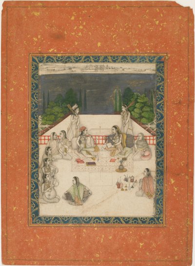 Dos mujeres sentadas en una terraza, rodeadas de asistentes y músicos, ca. 1650 de Unbekannt