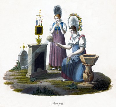 Dos mujeres de pie frente a una lápida en un cementerio, c1800 de Unbekannt