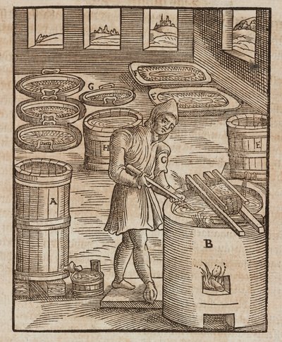 Un hombre prueba el salitre, utilizado en la pólvora y la conservación de la carne - Grabado extraído de Descripción de los minerales y los principales métodos de explotación minera, de Lazarus Ecker de Unbekannt