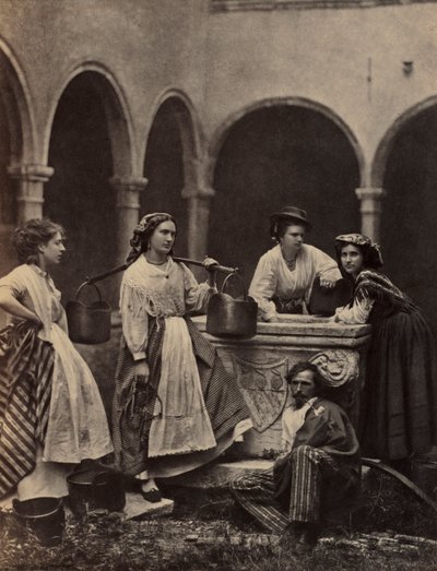 Escena de género sin título con cuatro mujeres y un hombre, finales del siglo XIX de Unbekannt