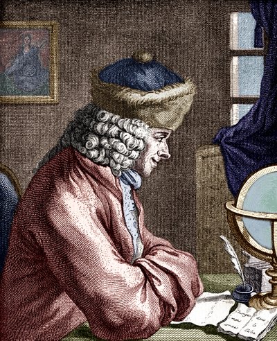 VOLTAIRE, Francois-Marie Arouet - retrato de Voltaire trabajando. Escritor, filósofo, dramaturgo, poeta francés 1694-1778. Grabado del siglo XVIII. Pluma de ave de Unbekannt