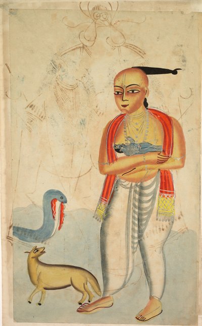 Vasudeva, el padre de Krishna, huyendo con Krishna encuentra una cobra y un chacal, 1800s de Unbekannt