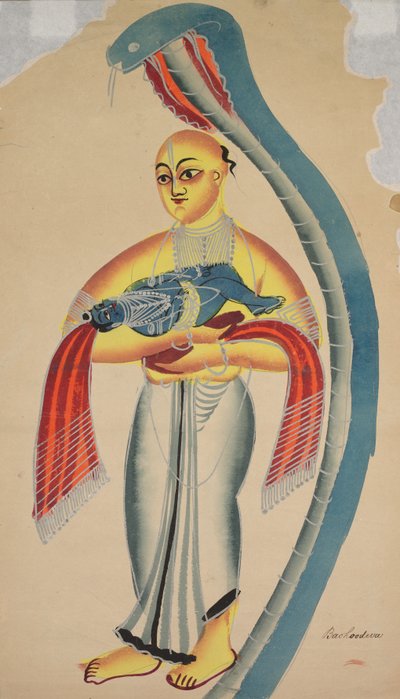 Vasudeva, el padre de Krishna, huyendo con el infante Krishna encuentra una cobra, 1800s de Unbekannt