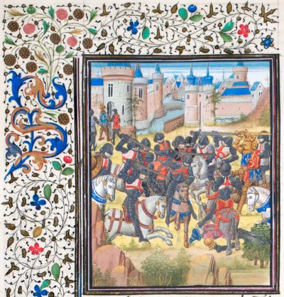 Victoria de Ricardo Corazón de León sobre Felipe Augusto en 1198. Miniatura de la Historia de Guillermo de Tiro, 1460s de Unbekannt