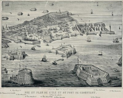 Vista y Plano de la isla y el puerto de Kronstadt, c. 1850 de Unbekannt