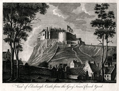 Vista del Castillo de Edimburgo, desde el cementerio de Grey Friars, siglo XVIII de Unbekannt
